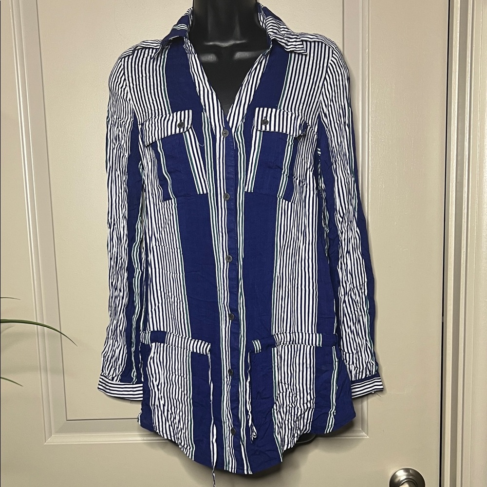 Papaya Navy and White Striped Button-Up Long Sleeve